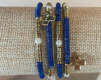 Rory Solid Color With Gold Pearls and Sequin Stretch Bracelet-Lapis