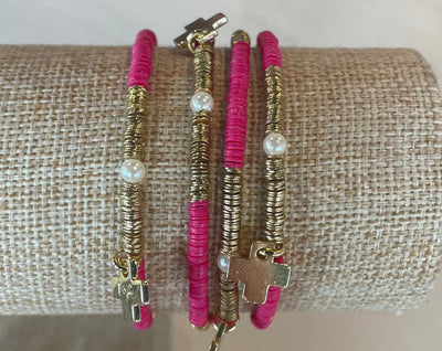 Rory Solid Color With Gold Pearls and Sequin Stretch Bracelet- Hot Pink