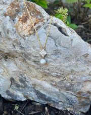 Square Diamond & Pearl Drop Necklace
