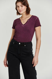 Aiden Notched V Neck Top- Prune