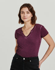 Aiden Notched V Neck Top- Prune