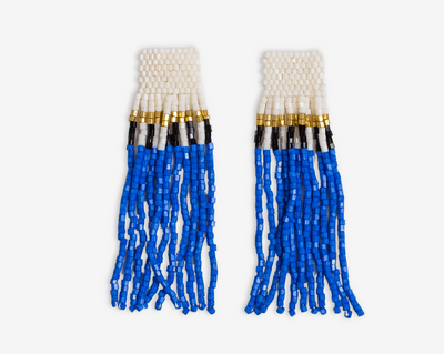 Marilyn Colorblock With Center Vertical Black Stripes Fringe Earrings- Royal Blue