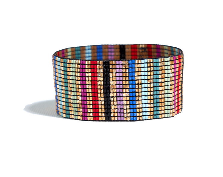 Kenzie Vertical Stripes Beaded Stretch Bracelet Gold Multicolor